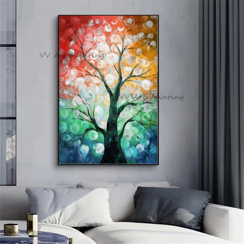 New Arrival Hand Painted Four Seasons Tree Oil Painting Rainbow Abstract Plant Original Large Vertical Wall Artwork