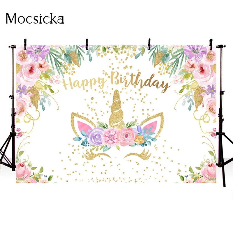 Mocsicka Birthday Party Photography Background Unicorn Flower Decoration Child Portrait Photo Backdrop Studio