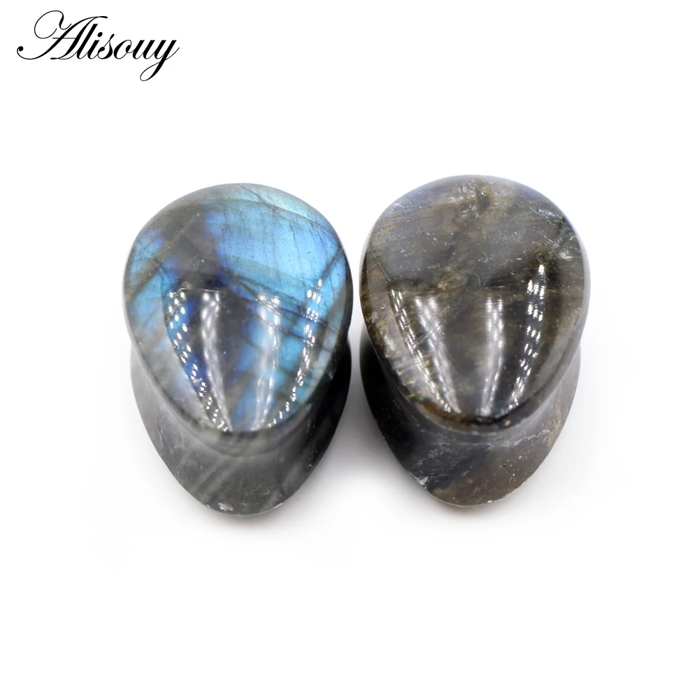 Alisouy 1pc Natural Labradorite Sun Stone Teardrop Waterdrop Flared Ear Flesh Tunnel Plugs Expander Gauges Body Piercing Jewelry
