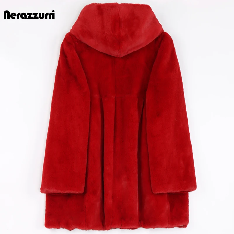 Nerazzurri Autumn Winter Pink Fluffy Soft Light Faux Fur Jacket Women with Hood High Waist Korean Fashion Clothing 2022 6xl  7xl