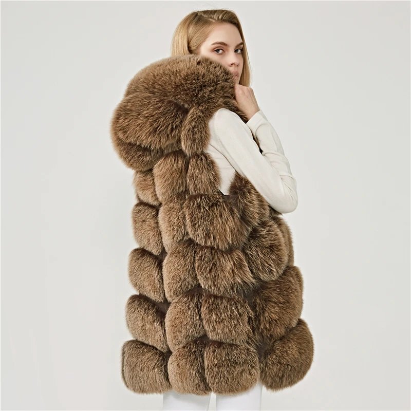 Real Fox Fur Hooded Vest Women Winter Thick Fur Waistcoat Female Ladies Genuine Fox Fur Gilet