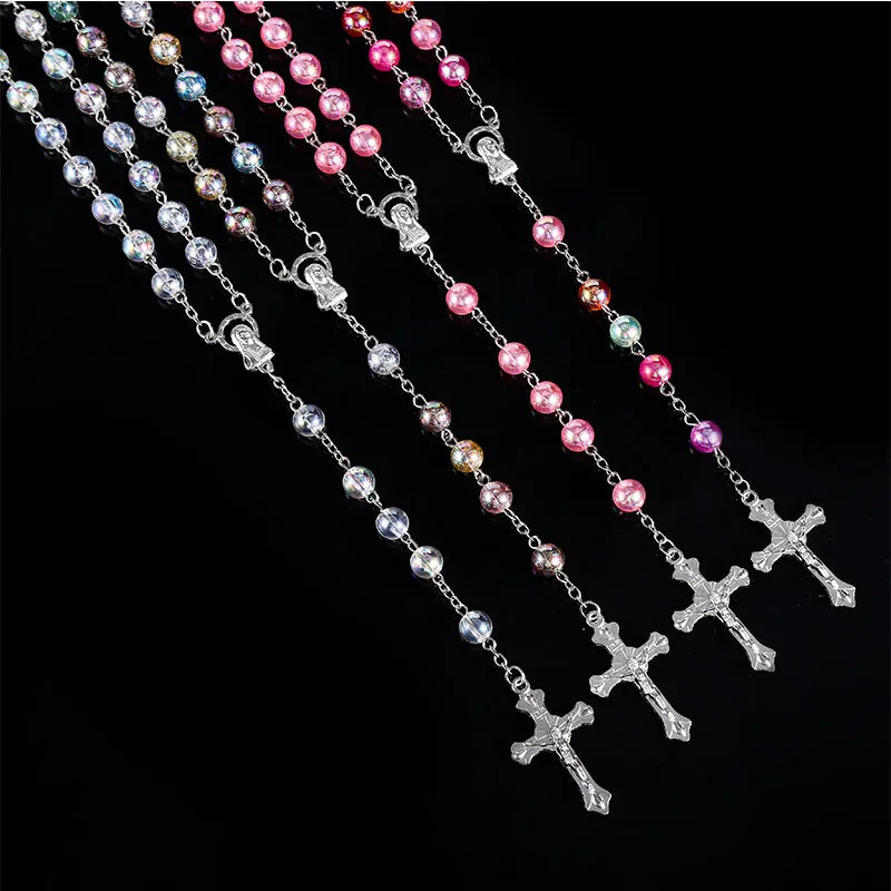 Virgin Mary Catholic Jesus Christ Religious Jewelry Female Glass Pearl Long Chain Rosary Necklace