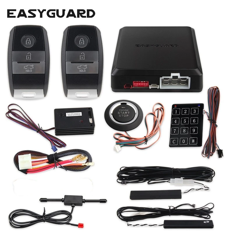 

EASYGUARD remote control PKE car alarm kit universal version shock sensor warning hopping code keyless go push button start