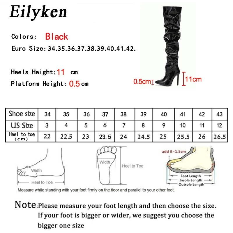 Eilyken 2024 New Thigh High Boots Fashion Patent Leather Pointed Toe Zip Female Stiletto Heels Pleated Design Women\'s Shoes