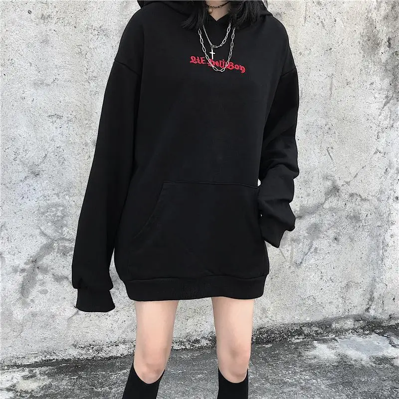 HOUZHOU Harajuku Women Hoodies Emo Gothic Sweatshirt Autumn Winter Kawaii Demon Fly Wings Loose Female Clothes Goth Streetwear