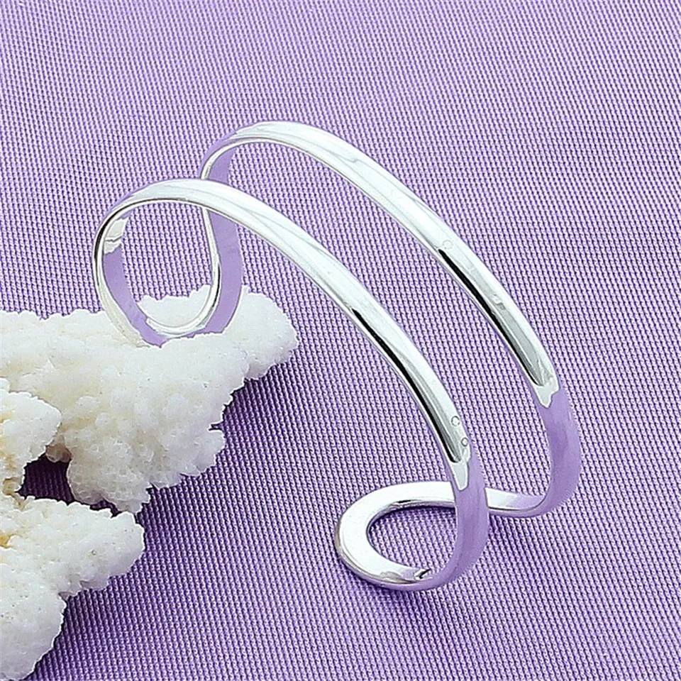 925 Sterling Silver Double Circle Line Bangle Bracelet For Woman Wedding Engagement Fashion Charm Party Jewelry Gift