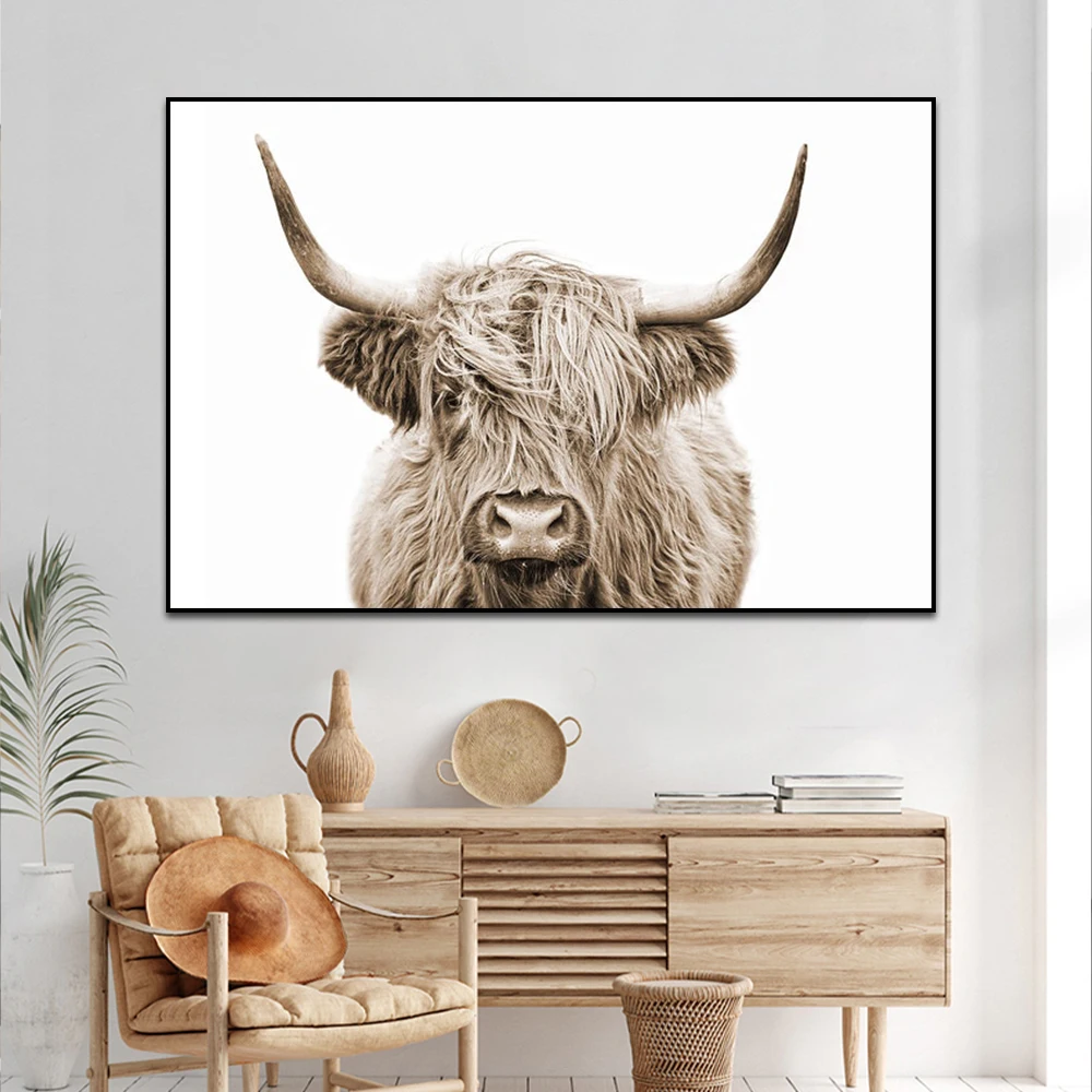 

Animal Buffalo Print Nordic Poster Canvas Painting Brown Highland Cow Bull Wall Art Living Room Decoration Pictures Home Decor