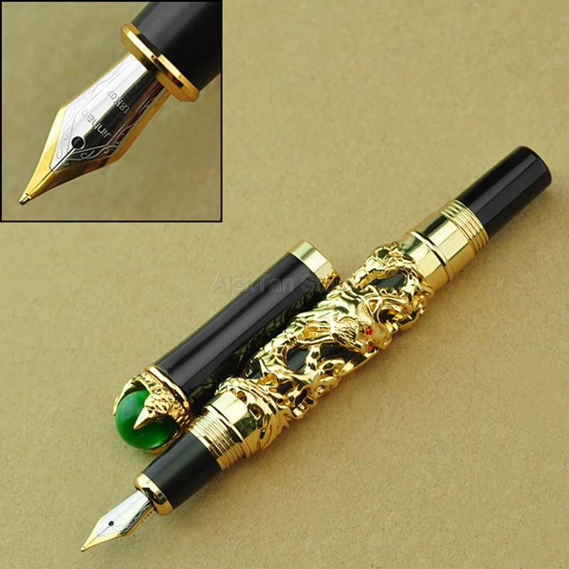 

Jinhao Practical Dragon King 18KGP M Nib Fountain Pen, Metal Embossing Green Jewelry on Top, Golden Drawing Pen Professional