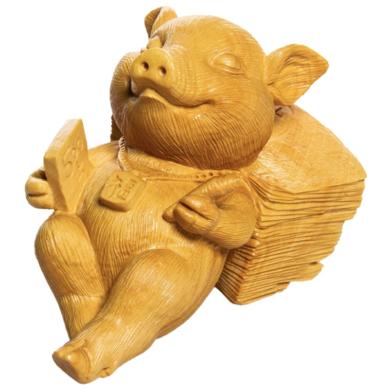 

XS214-5/11CM Hand Carved Boxwood Carving Figurine Feng shui Statue Home Decor -Wealthy Pig Sculpture