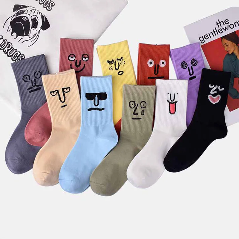 Women Harajuku Colorful Funny Cute Socks Happy Korean Unisex Expression Candy Color Cotton Socks