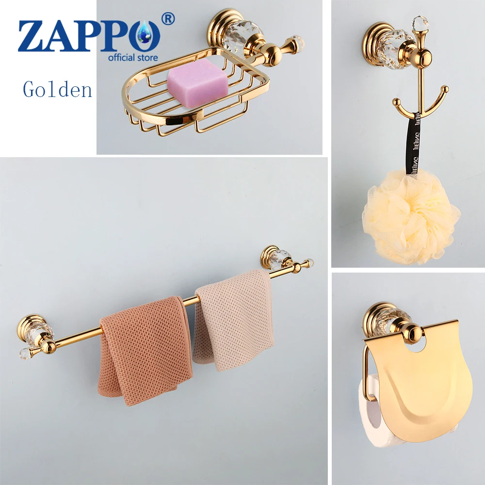 ZAPPO Golden Polished Bathroom Hardware Sets 304 Stainless Steel Brushed Paper Holder Towel Rack Soap Dishes Bathroom Product