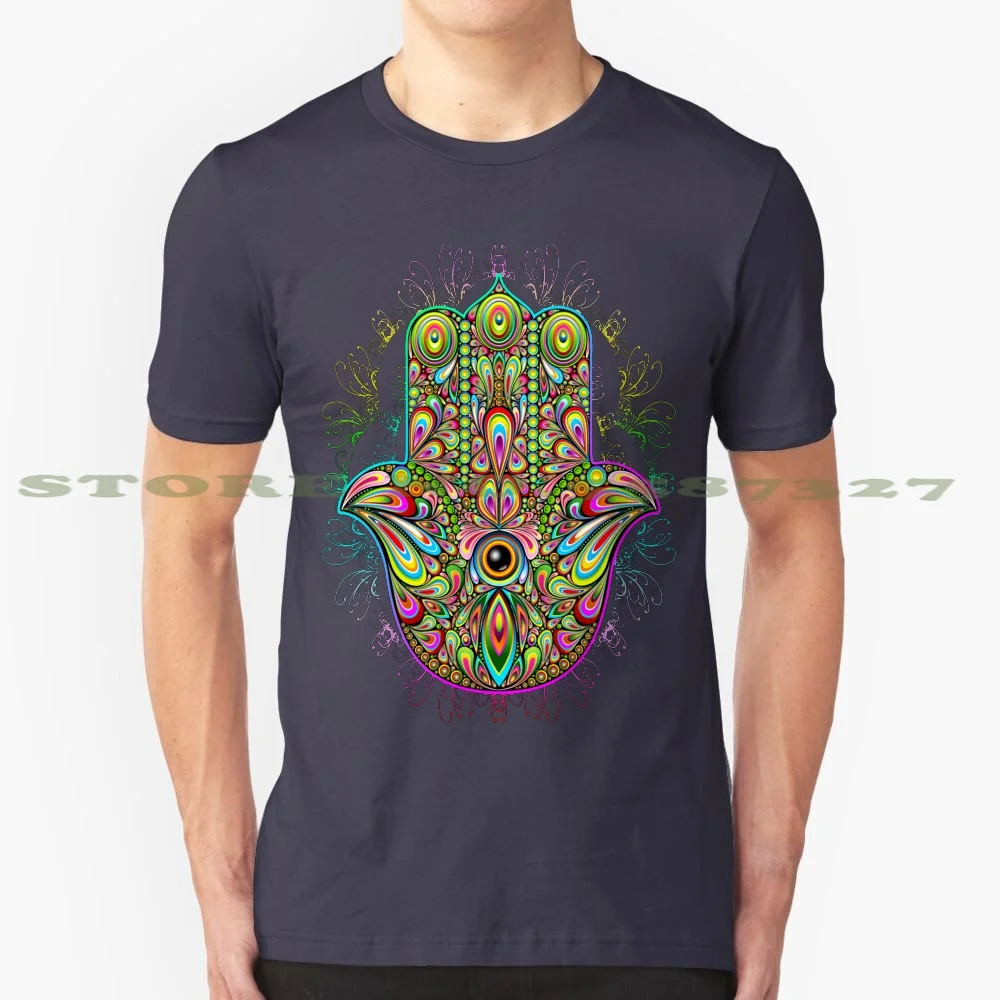 Hamsa Fatma Hand Psychedelic Amulet 100% Cotton T-Shirt Khamsa Hand Five Symbolism Hebrew Roman Christian Sign Defense Amulet