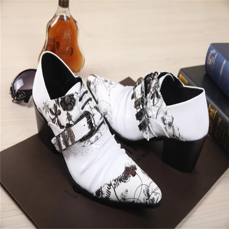 Zapato Hombre Italian Men Shoes Patent Leather Buckle Black White Striped Shoes Men Pointed Toe Formal Dress Male Office Shoes