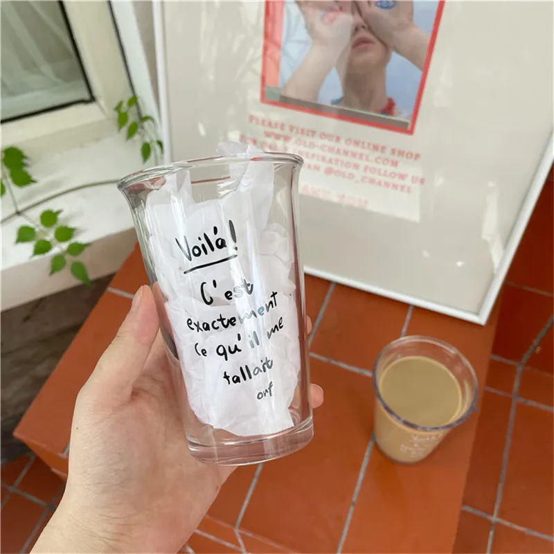 Korean Ins Letter Printed Glass Coffee Mug Transparent Breakfast Milk Juice Tea Cup Home Offee Cafe Drinking Glasses 350ml Gift