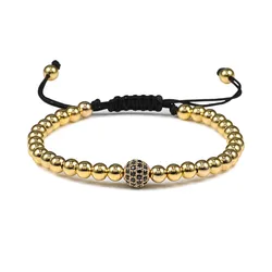 Micro Pave CZ Ball Braiding Bracelet Gold Color Adjustable 5mm Copper Beads Bangles For Charm Men Women Jewelry Gift Pulseira