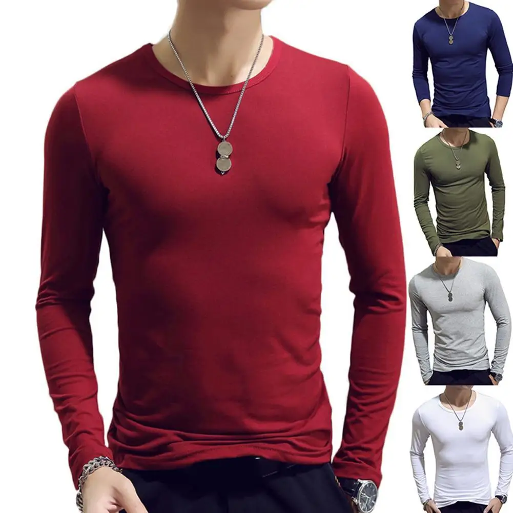 Casual Men Solid Color O Neck Long Sleeve Slim T-shirt Sports Bottoming Top Men Clothings Solid Color Sliming and Fit