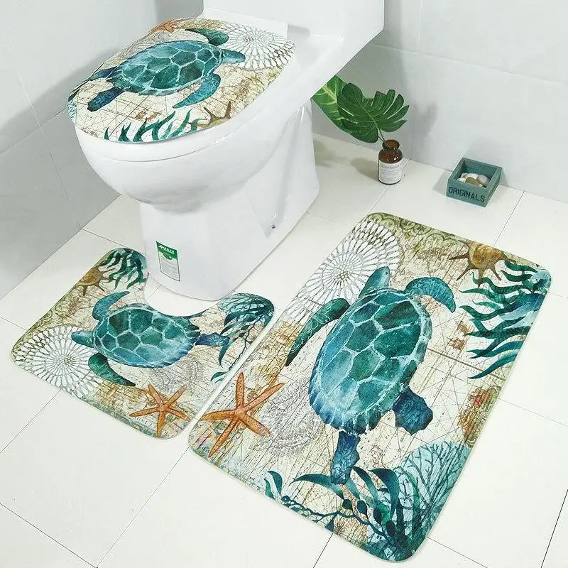 3pcs/set Sea Style Turtle Toilet Seat Cover Flannel Fabric Seahorse Whale Decoration Toilet Case Bathroom Non-slip Door Mat