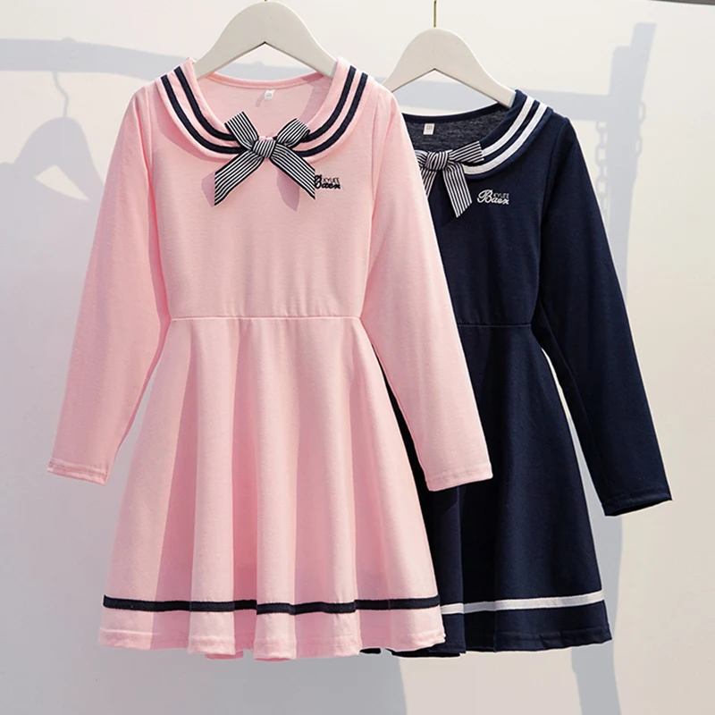 Abiti per bambina primavera e autunno abiti da scuola per bambini abiti a maniche lunghe con fiocco abiti per bambini stile Preppy 3-14 anni