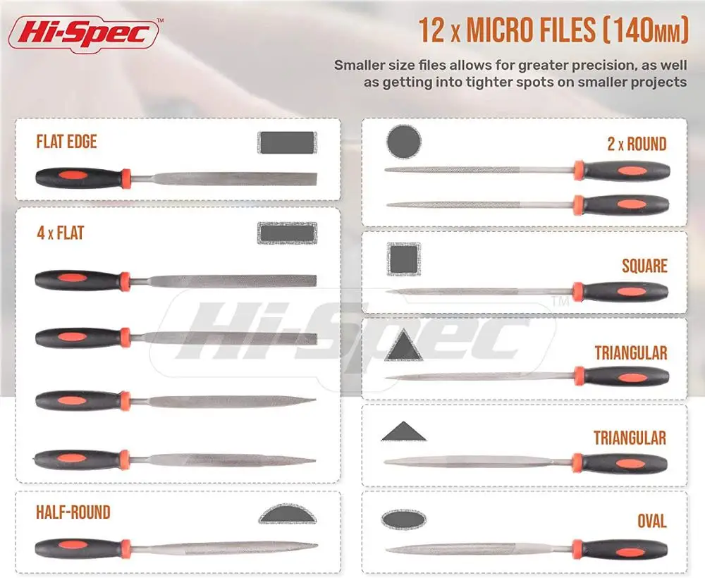 Hi-Spec 16Pc Set File 200Mm Datar Setengah Bulat Bulat Segitiga File Jarum untuk Logam Kaca Perhiasan Alat Kerajinan Ukiran Kayu