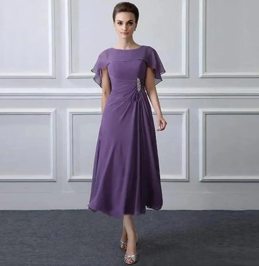 2022 neue Neueste Affordable Lila Tee Länge Chiffon Mutter der Braut Kleider Jewel Ausschnitt Hochzeit der Bräutigam Kleider Perlen