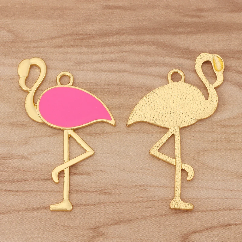 2 Pieces Gold Color Large Flamingo Enamel Bird Charms Pendants for DIY Necklace Jewellery Making Findings Accessories 63x40mm