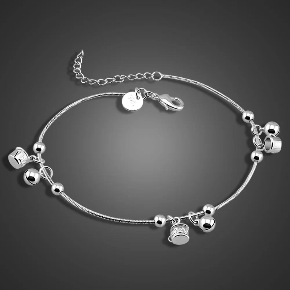 

Fashion100% 925 Sterling Silver Anklet Women Cute Cup bell Foot Jewelry Summer Beach Barefoot Sandals Bracelet Ankle Gift