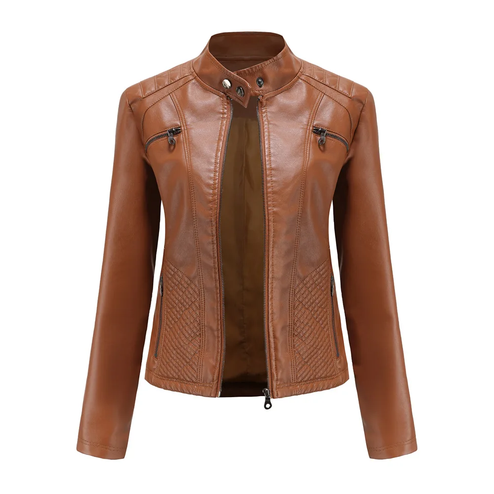 Spring New Casual Women Leather Jacket Stand Collar Slim Fit Short PU Leather Coat Solid Classic Female Outerwear image 3