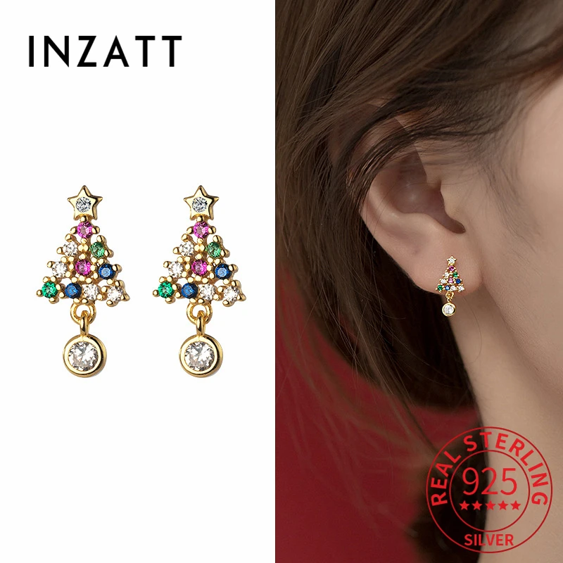 INZATT Real 925 Sterling Silver Zircon Star Christmas Tree Stud Earrings For Fashion Women Party Cute Fine Jewelry Drop Shipping