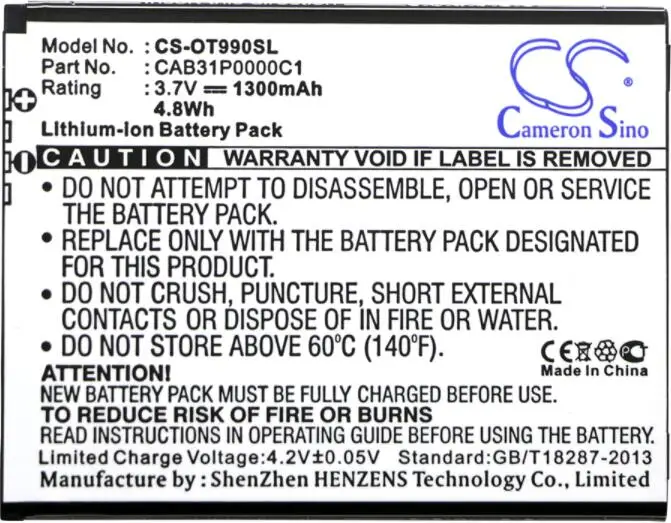 cameron sino 1300mah battery for ALCATEL One Touc POP C1 C2 903 OT-4007A OT-4007D OT-4007E OT-4007O OT-4015X OT-4018 OT-4018A