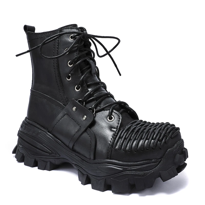 Genuine Leather Platform Motorcycle Boots Men\'s Fashion Goth Trendy Thick-Soled Punk Boots Women Riding Boots Botas