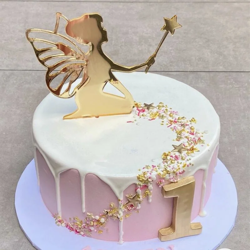 New Fairy Girls Happy Birthday Cake Topper Gold Acrylic Castle Cake Topper for Baby Shower  Birthday Party Cake Decorations