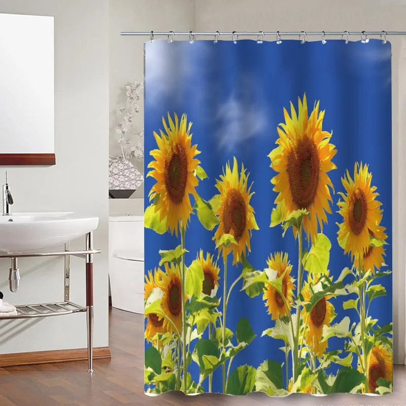 3D Sunflower Series Shower Curtain Home Bathroom Partition Curtain Waterproof And Mildew Proof Bath Curtain With Hooks Set