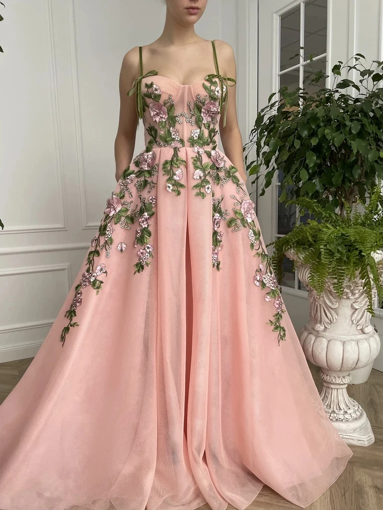 Pink Moroccan Evening Dresses A-line Spaghetti Straps Tulle Appliques Long Luxury Turkey Dubai Saudi Arabia Prom Dress Gown