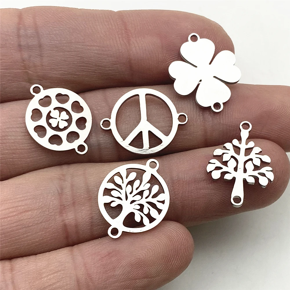 Life Tree Charm Clover Peace Connector 10pcs/lot Stainless Steel Fit Bracelet Connectors Charm Jewelry Handmade Diy Jewelry Make