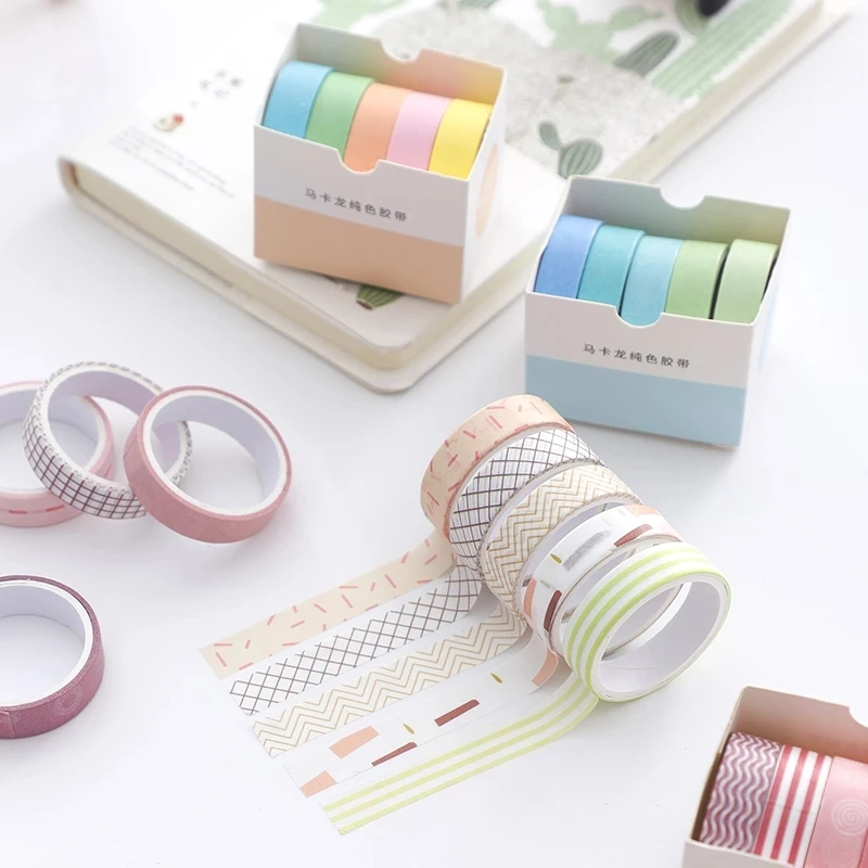 5Rolls/Set KawaiI Geometry Solid Color Washi Tape Decorative Masking Cute Scrapbooking Adhesive Office School Stationery Supplie