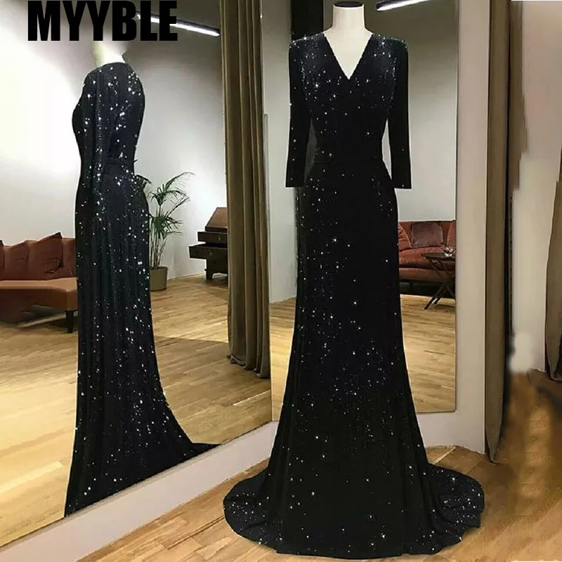 Vestido de noche negro brillante con lentejuelas y Sirena, manga larga, elegante, escote en V, talla grande, para mujer, fiesta, fiesta, graduación, 2020