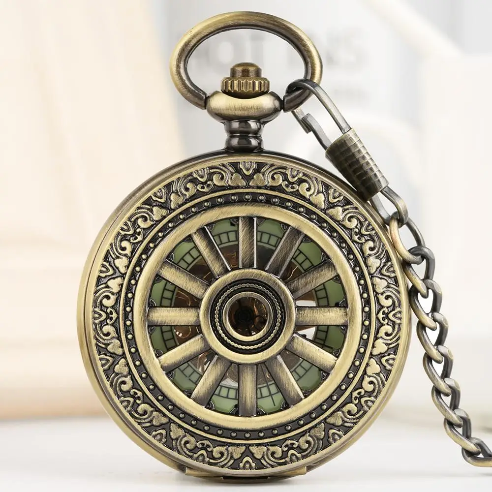 Luxury Luminous Mechanical Pocket Watch Bronze Hollow Wheel Hand-Winding Steampunk Pocket Hanging Chain Antique Watch Best Gifts