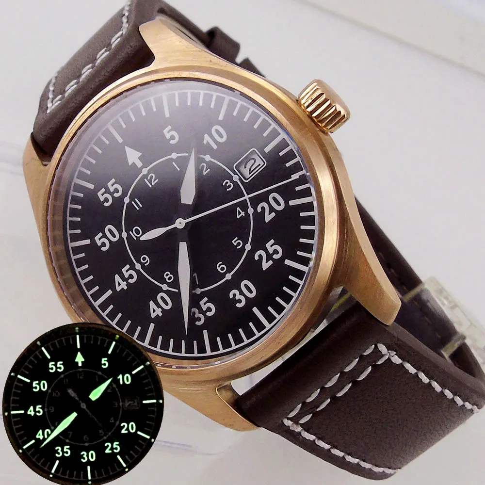 39mm Solid Bronze CUSN8 Sapphire Men's Diving Watch NH35 Movement Black Dial  Date 200M Waterproof Leather Strap Tandorio
