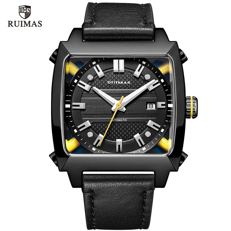 

RUIMAS Luxury Genuine Leather Automatic Watches Men Square Dial Sport Wristwatch Mechanical Clock Hour Relogios Masculino 6763G