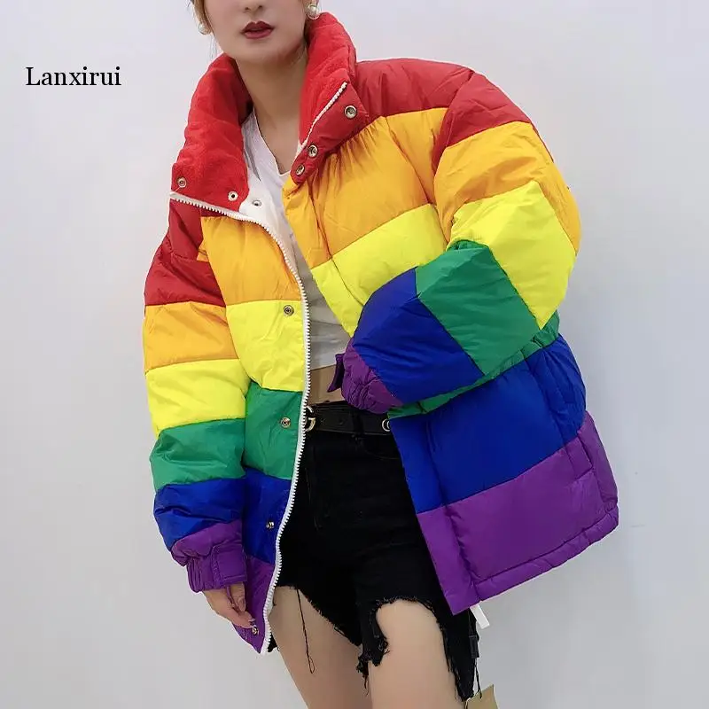 

Winter Down Cotton Jacket Women 2020 New Casual Rainbow Wadded Parka OverSize Loose Fit Striped Thick Warm Puffer Coat