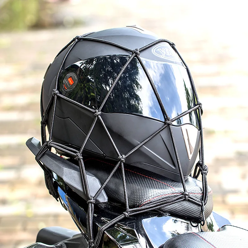 Casco moto mesh storage casco moto bungee bagaglio compressione stoccaggio rete di finitura del carico