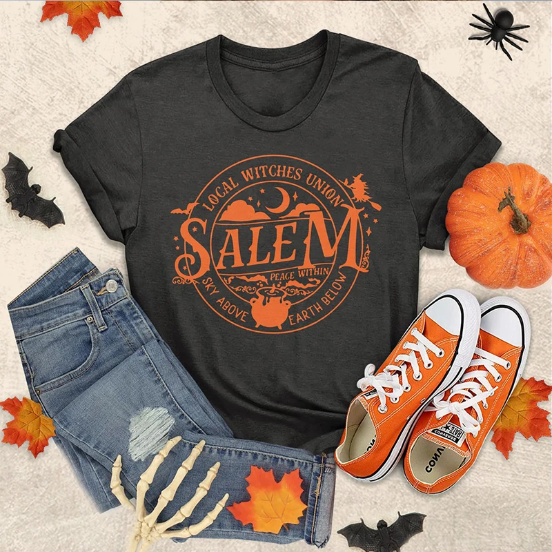 Local Witches Union Salem Orange T Shirts Women 100% Cotton Graphic Tee Halloween Wicca T-shirt Short Sleeve Tops Witchy Tshirt