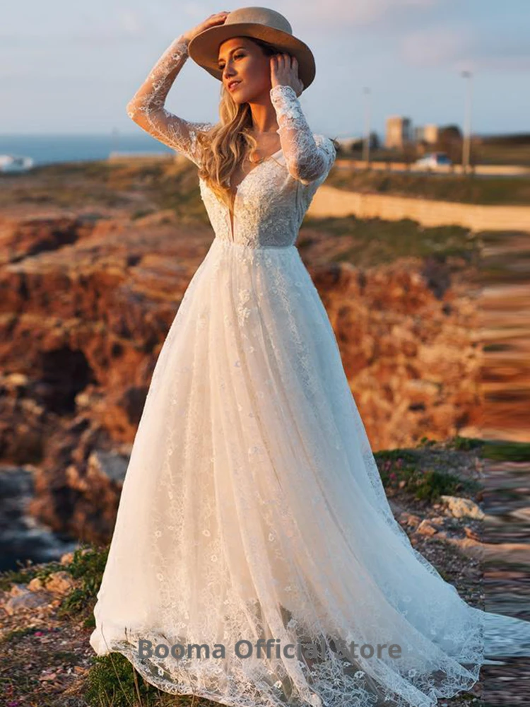 Booma Gaun Pernikahan Renda Elegan Boho Gaun Pengantin Tulle Lengan Panjang Gaun Pernikahan Pantai A-line Gaun Pesta Putri Bohemia