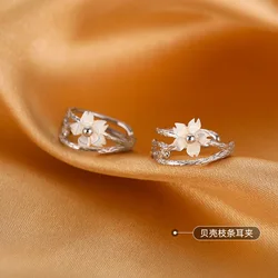 White Cherry Blossom 925 Silver Clip Earrings Flower Round Cuff Earrings Without Piercing for Women Elegant Fine Jewelry