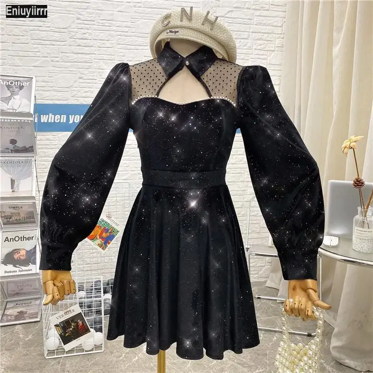 Abito da festa elegante da donna in velluto nero francese Vintage con Patchwork a rete trasparente da donna 2021 nuovo anno