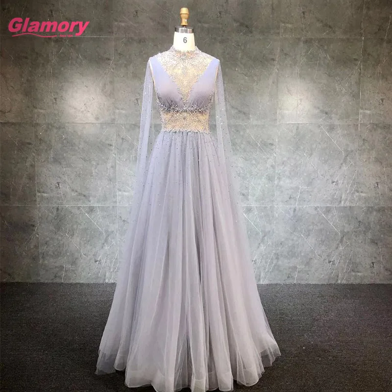 2021 Full Sleeve O-Neck Ball Gown Beading Embroidery Tulle Floor-Length Evening Dresses