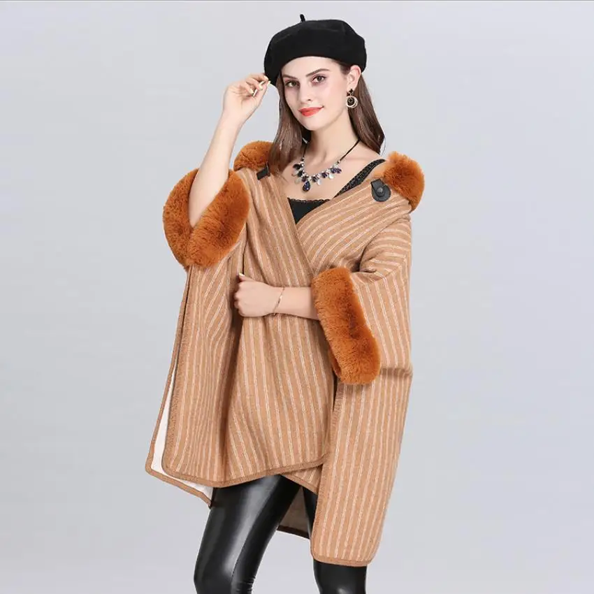 Winter Europenew oversize loose imitation fox fur collar knit coat female bat sleeve cardigan shawl cloak warm jackets F209