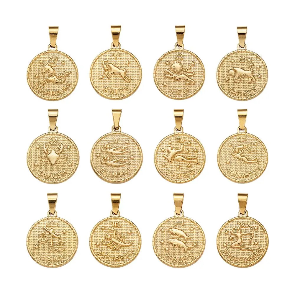 304 Stainless Steel Pendant Sets Flat Round with Twelve Constellation/Zodiac Sign Golden 29x25x3.2mm, Hole: 9x4.5mm