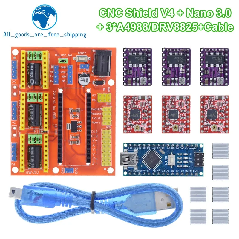 

TZT 1SET 3DV4 CNC Shield V4 + Nano 3.0 + 3pcs DRV8825 or A4988 Reprap Stepper Drivers Set For Arduino