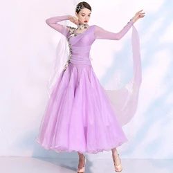 White V Neck Hand sewn Beads Slim-fitting Pattern Women Standard Ballroom Dance Dress Waltz Tango Dress Modern Dance Costumes
